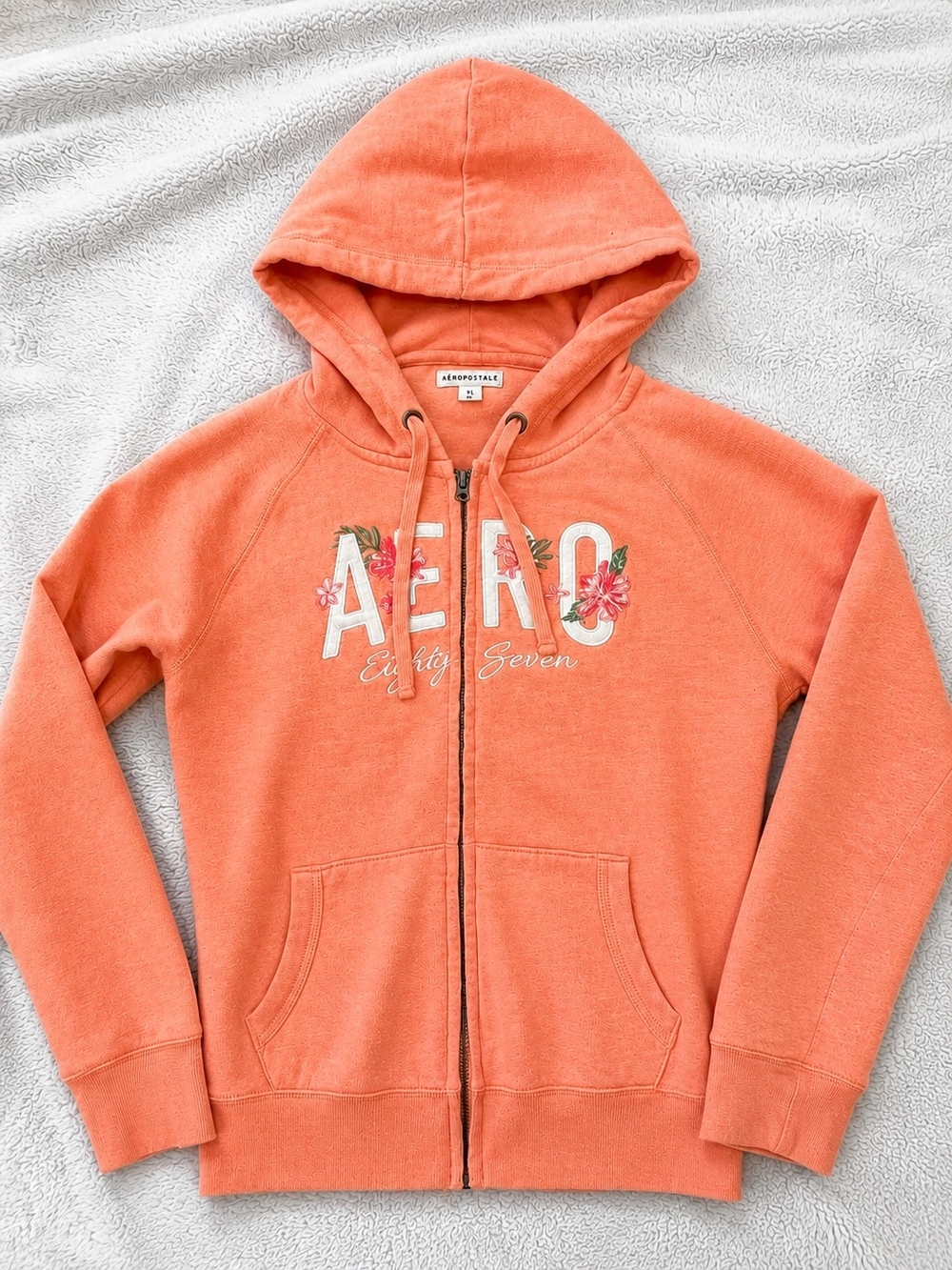 Aeropostale Coral Hooded Zip-Up Sweatshirt with Floral Logo